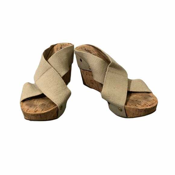 Lucky Brand Cork Wedge Womens 8.5 M Slip Ons Straps Beige Miller 2 Mules - Picture 6 of 10